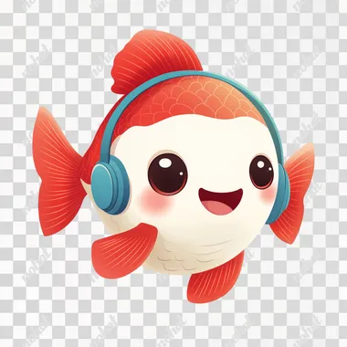 A cute cartoon avatar of red and white fish wearing blue earphones, with simple lines and shapes forming the character's body. The background is pure white, with no other elements present. It has an adorable expression on its face, as if it were laughing or listening intently to what someone was saying in front of it. Focus on the face.
