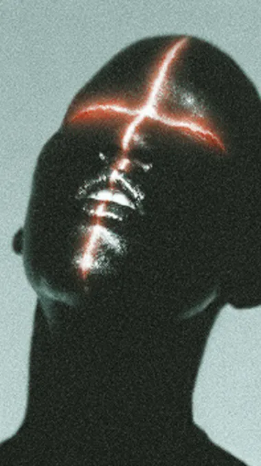 A futuristic, high-contrast portrait of a person with jet-black, ultra-glossy skin, set against a bold, vibrant blue background. The face is dramatically stylized with a glowing neon-orange cross painted or projected over the forehead, nose, and mouth, creating a striking, symmetrical design. The lips are reflective, metallic black with partial orange accents. The eyes glow intensely red, adding a surreal and intimidating effect. Lighting is studio-clean and hyper-saturated, emphasizing surface reflections and texture. The overall style is cyber-gothic, avant-garde, and extremely sharp, with no grain, no blur, and extreme color contrast   rofile 8b747ss yidgi4z