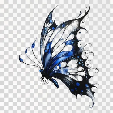 sideway view of shades of blue and black butterfly flying no background