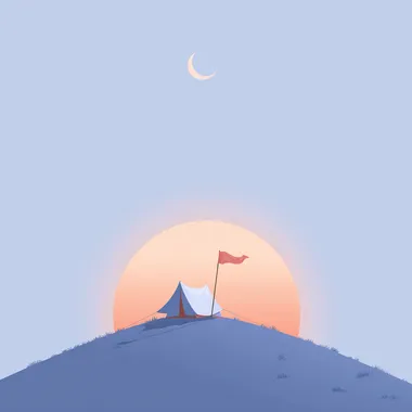 Flat vector illustration of a minimalist campsite on a gentle hill, one tent and a small fluttering camp flag, open sky with fading sun, soft silhouettes  --raw