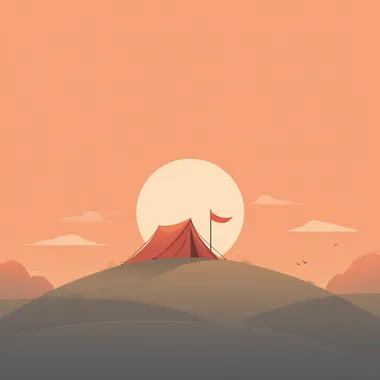 Flat vector illustration of a minimalist campsite on a gentle hill, one tent and a small fluttering camp flag, open sky with fading sun, soft silhouettes  --raw