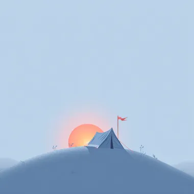 Flat vector illustration of a minimalist campsite on a gentle hill, one tent and a small fluttering camp flag, open sky with fading sun, soft silhouettes  --raw