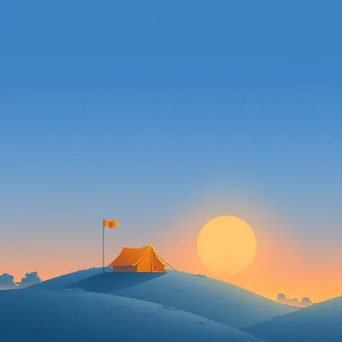 Flat vector illustration of a minimalist campsite on a gentle hill, one tent and a small fluttering camp flag, open sky with fading sun, soft silhouettes  --raw