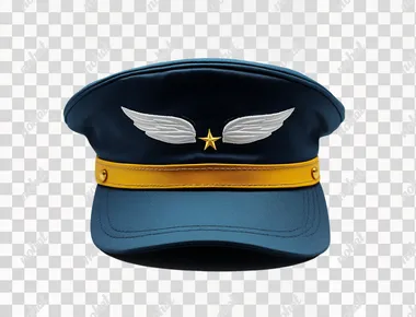 Elegant blue pilot's hat with a yellow band and white stripe, black visor, centered on a solid background. The top half of the cap has an emblem featuring two gold wings with one star in each wing, symbolizing flight and serving as a captain or leader. The overall design is clean and professional, suitable for formal attire during air traffic control work or within a commercial airline company.