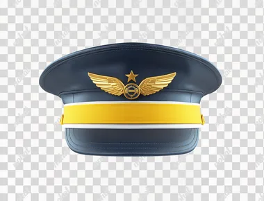 Elegant blue pilot's hat with a yellow band and white stripe, black visor, centered on a solid background. The top half of the cap has an emblem featuring two gold wings with one star in each wing, symbolizing flight and serving as a captain or leader. The overall design is clean and professional, suitable for formal attire during air traffic control work or within a commercial airline company.