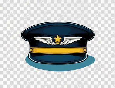 Elegant blue pilot's hat with a yellow band and white stripe, black visor, centered on a solid background. The top half of the cap has an emblem featuring two gold wings with one star in each wing, symbolizing flight and serving as a captain or leader. The overall design is clean and professional, suitable for formal attire during air traffic control work or within a commercial airline company.