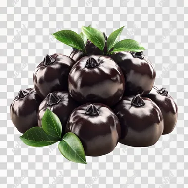 Pile of dark-colored jabuticaba fruits with leaves, isolated on a white background. A photorealistic image, high-resolution, professional photograph, with sharp focus, no blur effect, deep black colors, detailed and intricate, highly detailed, high definition, high quality, high contrast, high natural light, high detail, hyper-realistic, high resolution, sharp focus, hyper-detailed, hyper-realistic, hyper-detailed.