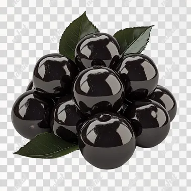 Pile of dark-colored jabuticaba fruits with leaves, isolated on a white background. A photorealistic image, high-resolution, professional photograph, with sharp focus, no blur effect, deep black colors, detailed and intricate, highly detailed, high definition, high quality, high contrast, high natural light, high detail, hyper-realistic, high resolution, sharp focus, hyper-detailed, hyper-realistic, hyper-detailed.