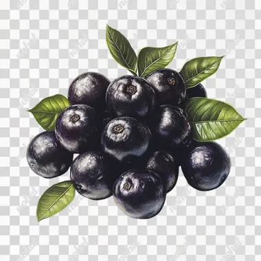 Pile of dark-colored jabuticaba fruits with leaves, isolated on a white background. A photorealistic image, high-resolution, professional photograph, with sharp focus, no blur effect, deep black colors, detailed and intricate, highly detailed, high definition, high quality, high contrast, high natural light, high detail, hyper-realistic, high resolution, sharp focus, hyper-detailed, hyper-realistic, hyper-detailed.