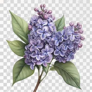Against a pure white background. A realistic tattoo design featuring a detailed depiction of lilac flowers, with soft purple petals and lush green leaves. The flowers are captured in lifelike detail, showcasing their natural beauty and intricate textures.  --s 250