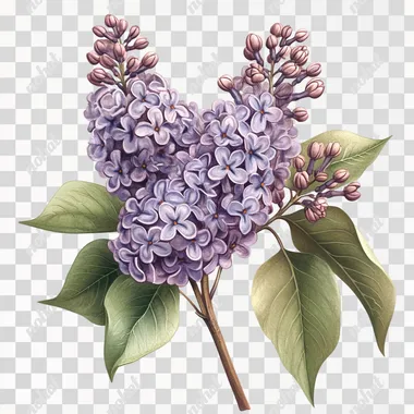 Against a pure white background. A realistic tattoo design featuring a detailed depiction of lilac flowers, with soft purple petals and lush green leaves. The flowers are captured in lifelike detail, showcasing their natural beauty and intricate textures.  --s 250