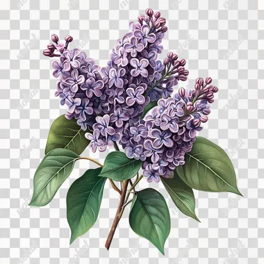 Against a pure white background. A realistic tattoo design featuring a detailed depiction of lilac flowers, with soft purple petals and lush green leaves. The flowers are captured in lifelike detail, showcasing their natural beauty and intricate textures.  --s 250