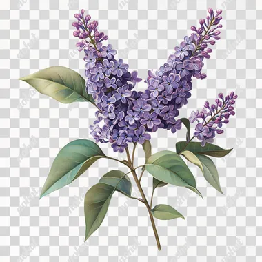 Against a pure white background. A realistic tattoo design featuring a detailed depiction of lilac flowers, with soft purple petals and lush green leaves. The flowers are captured in lifelike detail, showcasing their natural beauty and intricate textures.  --s 250