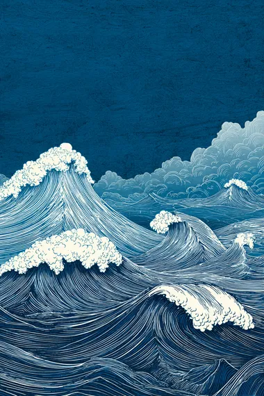 Flat vector illustration, hand drawn style, ocean waves, light blue background, smooth lines, Chinese painting style, white ink on dark sky blue paper texture, high resolution, high quality, high detail, high definition, high definition, high contrast, high color saturation, high vividness, high definition