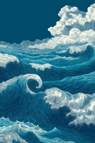 Flat vector illustration, hand drawn style, ocean waves, light blue background, smooth lines, Chinese painting style, white ink on dark sky blue paper texture, high resolution, high quality, high detail, high definition, high definition, high contrast, high color saturation, high vividness, high definition