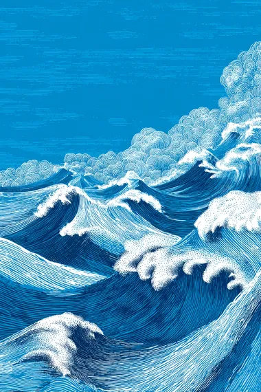 Flat vector illustration, hand drawn style, ocean waves, light blue background, smooth lines, Chinese painting style, white ink on dark sky blue paper texture, high resolution, high quality, high detail, high definition, high definition, high contrast, high color saturation, high vividness, high definition