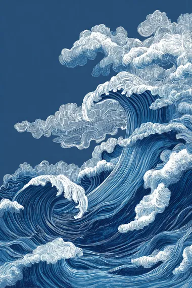 Flat vector illustration, hand drawn style, ocean waves, light blue background, smooth lines, Chinese painting style, white ink on dark sky blue paper texture, high resolution, high quality, high detail, high definition, high definition, high contrast, high color saturation, high vividness, high definition