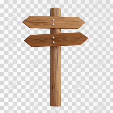 Simple wooden signpost pointing in three directions, isolated on white background