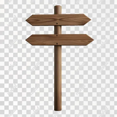 Simple wooden signpost pointing in three directions, isolated on white background