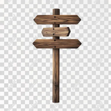 Simple wooden signpost pointing in three directions, isolated on white background