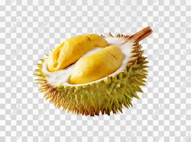 Product photography, a cut-open durian on a white background, PNG format, realistic, hyper-realistic, ultra-detailed, ultra-high definition, high resolution, 20K
