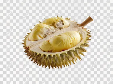 Product photography, a cut-open durian on a white background, PNG format, realistic, hyper-realistic, ultra-detailed, ultra-high definition, high resolution, 20K