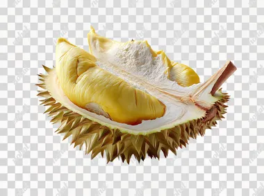 Product photography, a cut-open durian on a white background, PNG format, realistic, hyper-realistic, ultra-detailed, ultra-high definition, high resolution, 20K