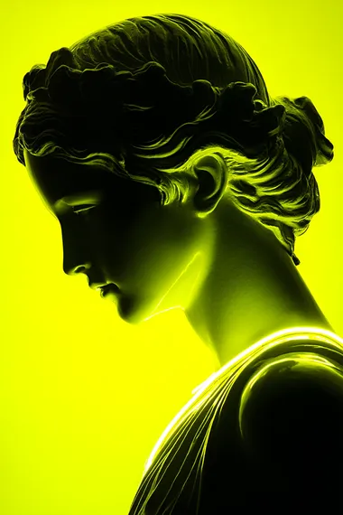 neon yellow background, roman godess statue,chrome material of a statue,silhouette with her face lit ,by neon omni effect lighting ,shaped glowing effect, close-up shot, facing straight front, symmetrical     --raw