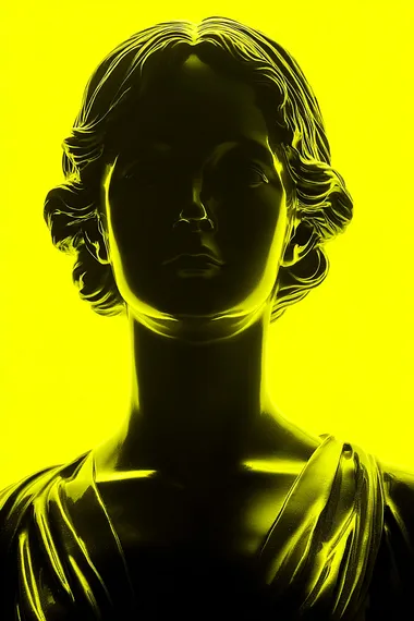 neon yellow background, roman godess statue,chrome material of a statue,silhouette with her face lit ,by neon omni effect lighting ,shaped glowing effect, close-up shot, facing straight front, symmetrical     --raw