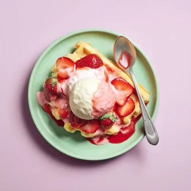 A pastel mint green plate with a large golden waffle topped with fresh sliced strawberries, strawberry sauce drizzled over, topped with whipped cream and a scoop of creamy gelato of your choice. Strawberry sauce drizzle dripping down the sides, isolated against a pastel lavender background. Top view, photorealistic, product photography style, professional studio lighting, high detail, clean minimalist setup. rofile k3z8j7a bhmhgty