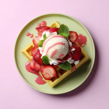 A pastel mint green plate with a large golden waffle topped with fresh sliced strawberries, strawberry sauce drizzled over, topped with whipped cream and a scoop of creamy gelato of your choice. Strawberry sauce drizzle dripping down the sides, isolated against a pastel lavender background. Top view, photorealistic, product photography style, professional studio lighting, high detail, clean minimalist setup. rofile k3z8j7a bhmhgty