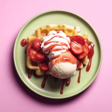 A pastel mint green plate with a large golden waffle topped with fresh sliced strawberries, strawberry sauce drizzled over, topped with whipped cream and a scoop of creamy gelato of your choice. Strawberry sauce drizzle dripping down the sides, isolated against a pastel lavender background. Top view, photorealistic, product photography style, professional studio lighting, high detail, clean minimalist setup. rofile k3z8j7a bhmhgty