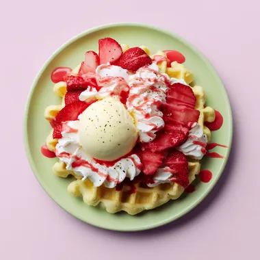 A pastel mint green plate with a large golden waffle topped with fresh sliced strawberries, strawberry sauce drizzled over, topped with whipped cream and a scoop of creamy gelato of your choice. Strawberry sauce drizzle dripping down the sides, isolated against a pastel lavender background. Top view, photorealistic, product photography style, professional studio lighting, high detail, clean minimalist setup. rofile k3z8j7a bhmhgty