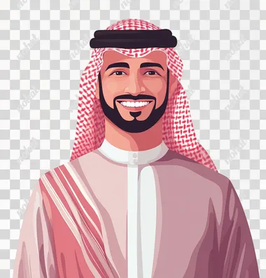 A flat vector illustration of a smiling Saudi man wearing a thobe against a white background, in the style of vector art. The illustration features editorial cartoon details, a natural color palette, light gray shadows, light red highlights, and bright colors. The overall style is a high-resolution, flat design with a digital painting and drawing aesthetic.
