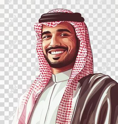 A flat vector illustration of a smiling Saudi man wearing a thobe against a white background, in the style of vector art. The illustration features editorial cartoon details, a natural color palette, light gray shadows, light red highlights, and bright colors. The overall style is a high-resolution, flat design with a digital painting and drawing aesthetic.