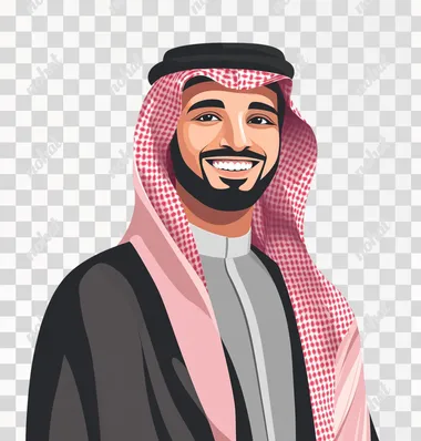 A flat vector illustration of a smiling Saudi man wearing a thobe against a white background, in the style of vector art. The illustration features editorial cartoon details, a natural color palette, light gray shadows, light red highlights, and bright colors. The overall style is a high-resolution, flat design with a digital painting and drawing aesthetic.