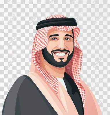 A flat vector illustration of a smiling Saudi man wearing a thobe against a white background, in the style of vector art. The illustration features editorial cartoon details, a natural color palette, light gray shadows, light red highlights, and bright colors. The overall style is a high-resolution, flat design with a digital painting and drawing aesthetic.