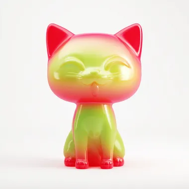 Mango skin-inspired cat as a large stylized CG figure, with simple curves, closed eyes, and playful posture, gradient shifting from tropical red to lime green, minimal render with glossy highlights, on white void background for product showcase. --raw