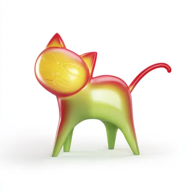Mango skin-inspired cat as a large stylized CG figure, with simple curves, closed eyes, and playful posture, gradient shifting from tropical red to lime green, minimal render with glossy highlights, on white void background for product showcase. --raw