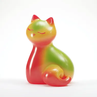 Mango skin-inspired cat as a large stylized CG figure, with simple curves, closed eyes, and playful posture, gradient shifting from tropical red to lime green, minimal render with glossy highlights, on white void background for product showcase. --raw