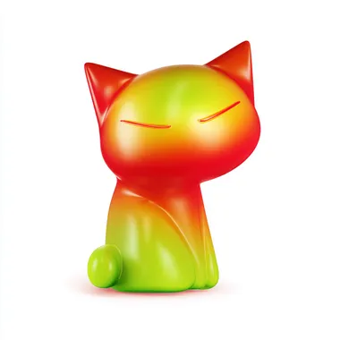 Mango skin-inspired cat as a large stylized CG figure, with simple curves, closed eyes, and playful posture, gradient shifting from tropical red to lime green, minimal render with glossy highlights, on white void background for product showcase. --raw