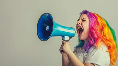 angry obese woman screaming into a megaphone. facing the right. rainbow colored hair. neutral background.
