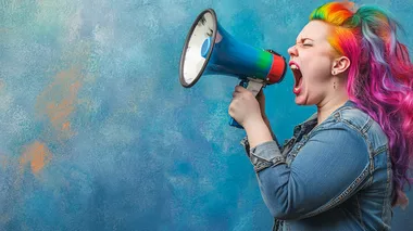 angry obese woman screaming into a megaphone. facing the right. rainbow colored hair. neutral background.