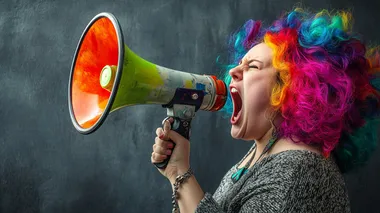 angry obese woman screaming into a megaphone. facing the right. rainbow colored hair. neutral background.