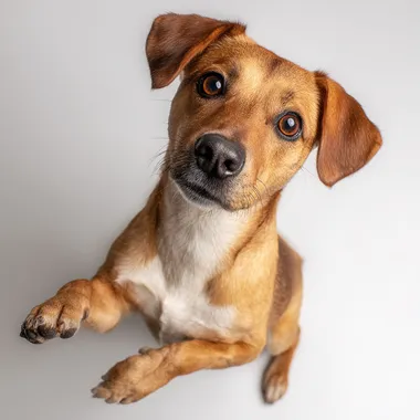 Portrait close-up of a smooth-coated beautiful dog standing on hind legs, visible from the waist up, one front paw raised and the other lowered, looking directly into the camera with a begging expression, white background, photorealistic, soft lighting, clean composition