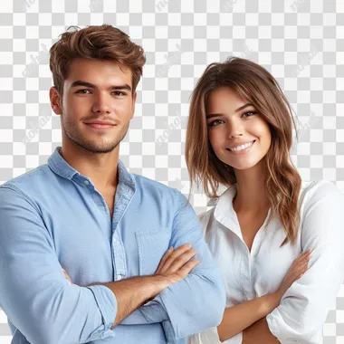 Medical customer service team poster, a handsome young man with brown hair in a blue shirt stands next to his beautiful girlfriend in a white shirt, the woman has her arms folded, both looking at the camera, the background is a clean white background, highlighting their stylish appearance and modern style. The photo was taken with a Canon EOS R5, with clear details and bright colors.