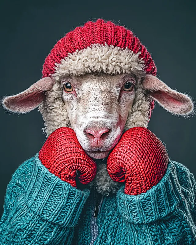 Sheep in Green Sweater and Red Mittens in Cozy Farmyard Setting