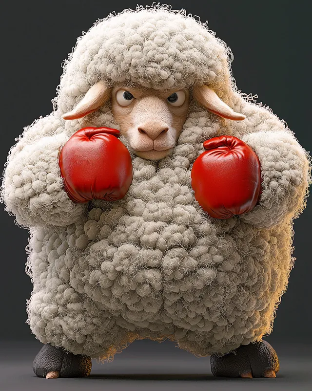 Sheep Boxer in a Pasture Wearing Red Boxing Gloves