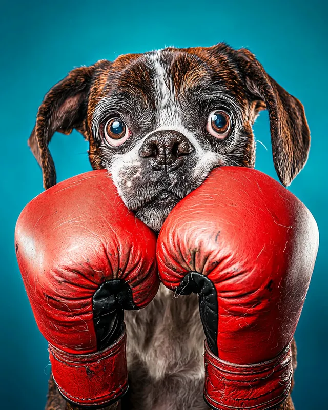 Sheep Boxer Dog with Red Boxing Glove in Playful Home Setting