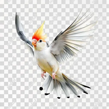 realistic cockatiel flying, white background